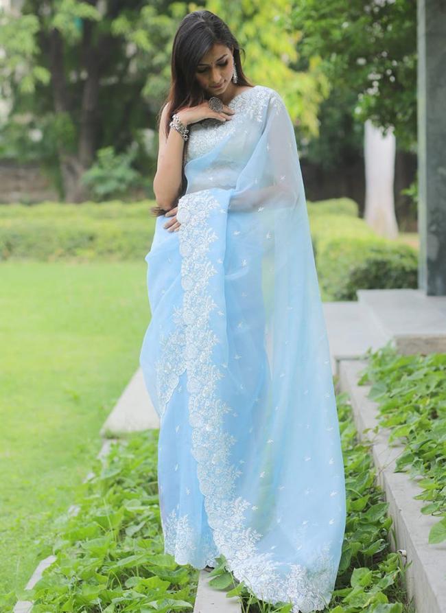 Organza Sky Blue Party Wear Embroidery Work Saree